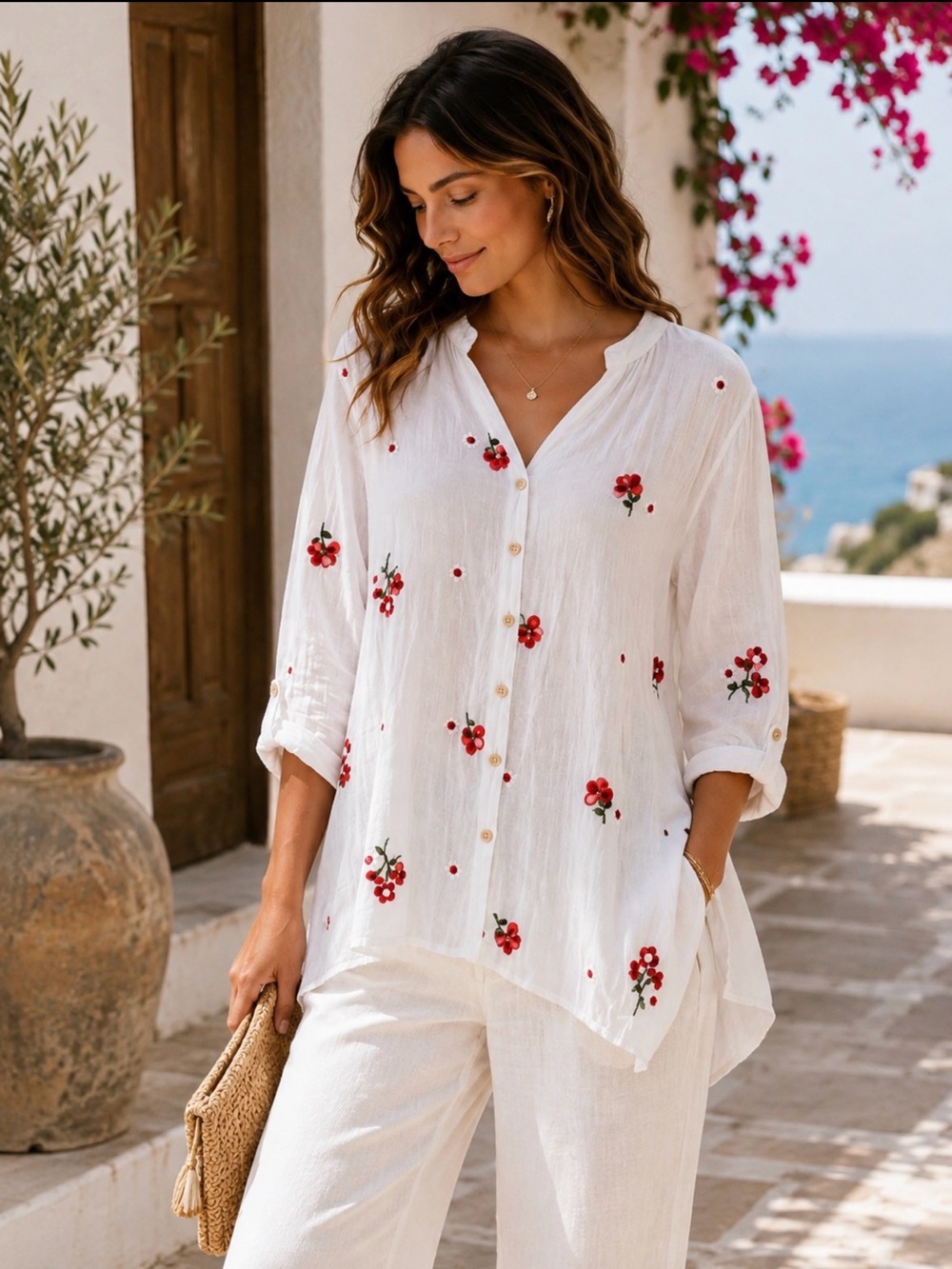 Sapphire Floral Embroidered Button Front Boho Tunic Blouse White Medium